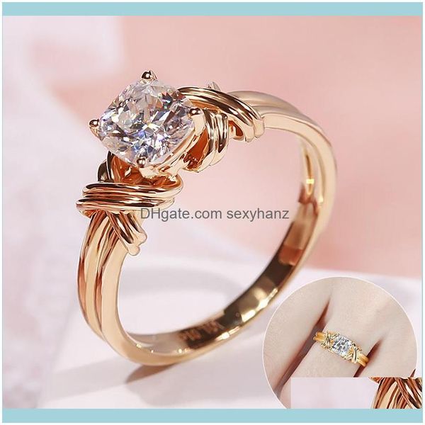 Cluster Jewelryfashion Anillo de metal de tejido geométrico para mujer Aleación de oro rosa Sier Color Anillos de cristal Joyería de fiesta de compromiso de boda femenina