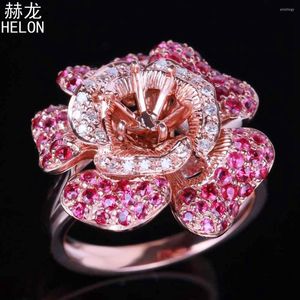 Clusterringen 1.4ct Natuurlijke diamanten Ruby Semi Mount 6mm Ronde gesneden Solid 14K Rose Gold Engagement Wedding Gemstone Ring For Women