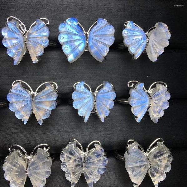 Anillos de racimo 1 pieza Fengbaowu anillo de mariposa de piedra lunar azul Natural 925 plata esterlina Reiki piedra curativa joyería de moda regalo para mujeres