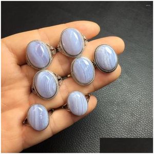 Anneaux de cluster 1 pc Fengbaowu naturel violet bleu dentelle agate anneau 925 sterling argent énergie cristal pierre de guérison mode bijoux cadeau Dhmvh