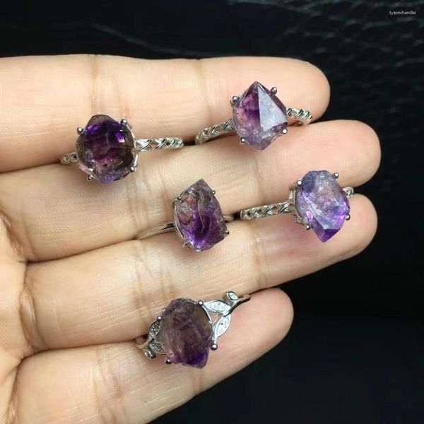 Bagues de cluster 1 pc Fengbaowu naturel brut brut violet rutilé quartz super 7 points hexagonaux prisme anneau 925 bijoux en argent sterling cadeau