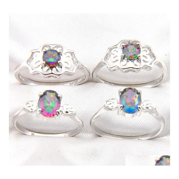 Anillos de racimo 10 piezas Rainbow Mystic Topaz Gems 925 Sterling Sier Ring para mujer Wedding Engagemet Party Jewelry American Australia Dh7Un