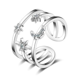 Cluster Ringen 100% Real 925 Sterling Silver Crystal Moon Star Double Layer voor Vrouwen Verklaring Sieraden Verstelbare Wedding Finger Ring