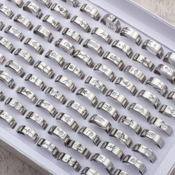 Cluster anneaux 100pcs / lot mens pour femmes en acier inoxydable motifs de coupe laser de mode bijoux en gros de styles de mélange