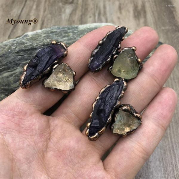 Anneaux de cluster 10pcs Boho soudé antique bronze plaqué naturel brut améthystes citrines cristal vintage réglable pour les femmes my220607