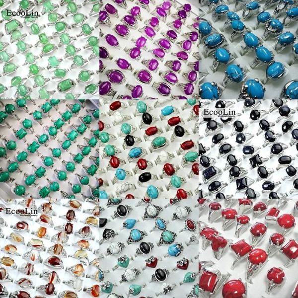 Bagues de cluster 10pcs / lot usine en gros alliage doigt pour femmes bijoux multicolore pierre naturelle améthyste cristal turquoise malachite