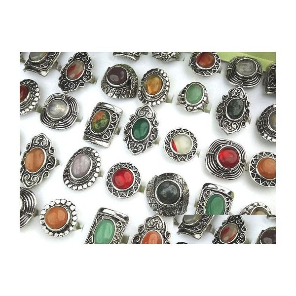 Cluster Anneaux 10 Pcs En Gros Bijoux Lots Mélanger Des Pierres Naturelles Antique Sier Plaqué Femmes Hommes Réglable Vintage A-152 Drop Delivery R Dhrrq