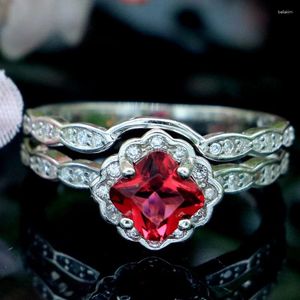 Anillos de racimo 10x10mm elegante 3.6g blanco zafiro rojo sangre rubí cz mujeres compromiso real 925 plata esterlina sólida