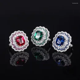 Clusterringen 10x12 mm rechthoek Groen Red Ruby Blue Saffier Mirco Paving Cubic Zirkon 925 Sterling Silver Big Ring