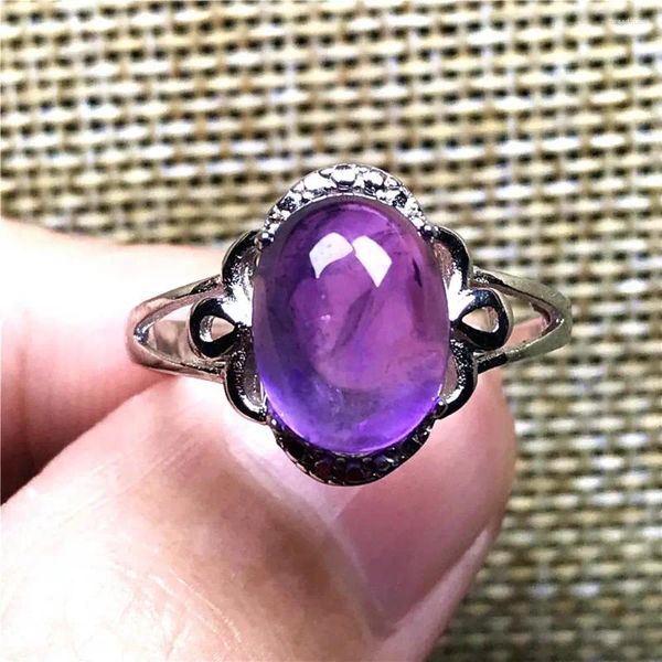 Anillos de racimo 10x8 mm real natural púrpura amatista cuarzo cristal anillo joyería para mujer dama hombre cuentas ovaladas piedra de plata ajustable