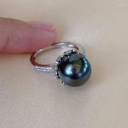 Anneaux de cluster 11-12 mm d'eau de mer tahitiennes noires de perle noire réelle ring classique 925 Bijoux de luxe réglable en argent sterling pour femmes