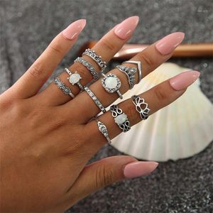 Clusterringen 11 pc's/set Boheemian Retro Opal Lotus Crystal Wave Silver Ring Set Women Party Charm Sieraden Accessoires1