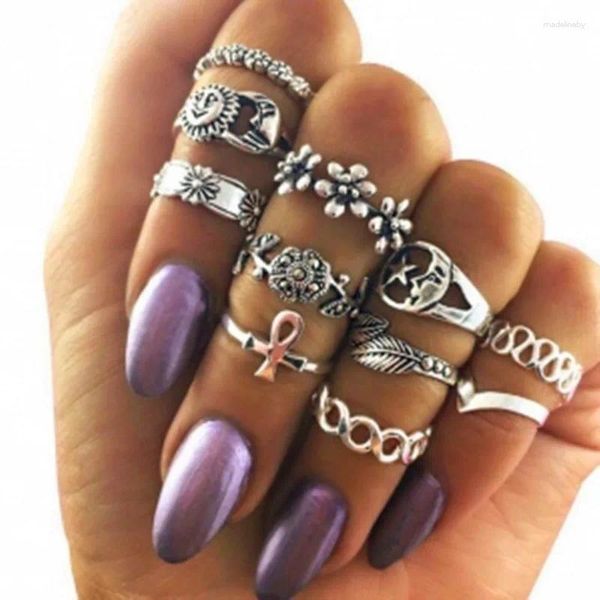 Anillos de racimo 11/Set Charm Flowers Retro Lea Luna Midi Ring Finger Ring For Women Girl Vintage Boho Party Punk Jewelry Gift