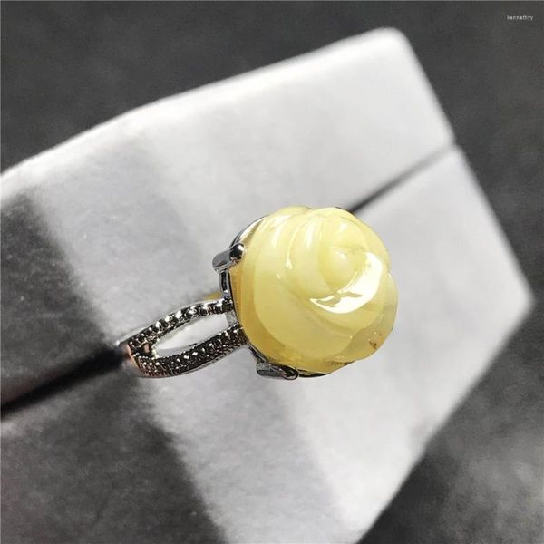 Cluster Anneaux 11mm Top Naturel Jaune Ambre Anneau Pour Femme Dame Homme Cristal Argent Fleur Sculpté Perles Gemme Réglable Bijoux