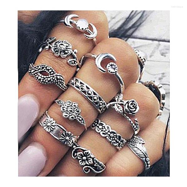 Anillos de racimo 11 piezas de anillo punk vintage juego de color de plata antiguo midi mujeres midi boho joyería gitana nudillo ajustable ajustable