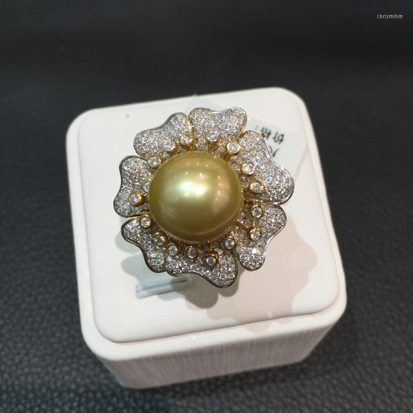 Bagues en grappe 12.5-13MM Bague en perle d'or naturel 18K avec fleur de diamant Big Southsea Jewelry Cocktail