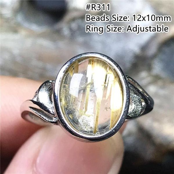 Cluster Anneaux 12mm Or Naturel Rutile Quartz Bague Pour Femme Homme Cadeau Richesse Chance Cristal Ovale Perles Argent Réglable Bijoux