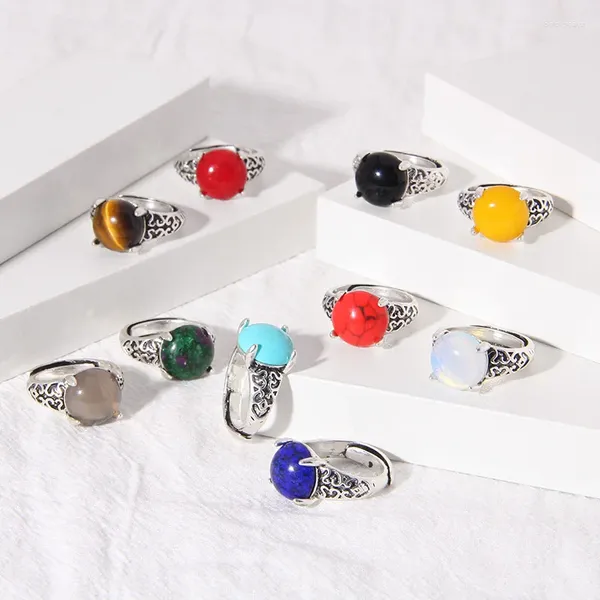 Anillos de racimo 12 mm cuentas de piedra natural anillo de dedo color plata ojo de tigre ajustable colorido femenino reiki para mujeres joyería regalo