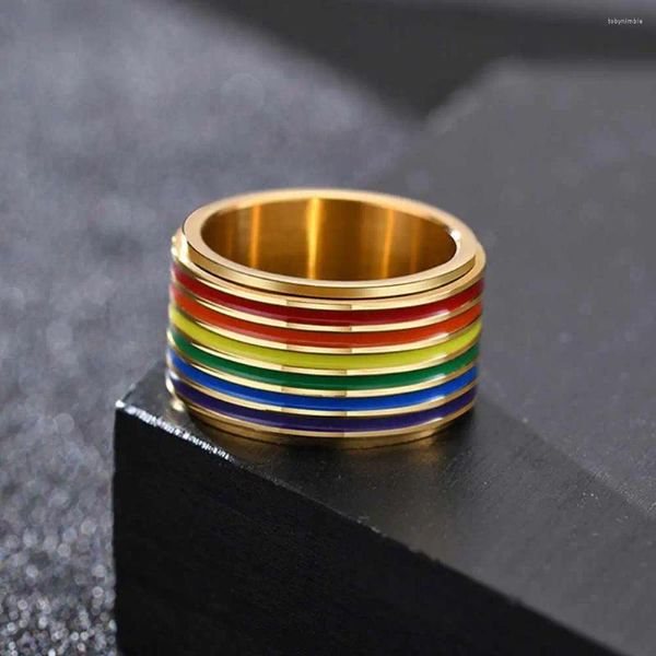 Anillos de racimo 12 mm Hombres giratorios Colorido Arco iris Gay Acero inoxidable Regalo del día de San Valentín Joyería de moda Tamaño 7 8 9 10 11 12