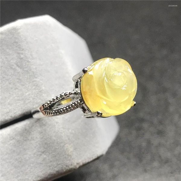 Cluster Anneaux 12mm Top Fleur Naturelle Sculpté Jaune Ambre Anneau Pour Femme Dame Homme Cristal Argent Perles Gemme Réglable Bijoux