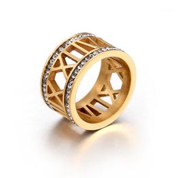 Cluster Ringen 12mm brede Romeinse cijfers Bruiloft Date Rhinestone Ring voor Vrouwen Goud Roestvrijstalen Dubbele CZ Crystal Sieraden Vrouw1