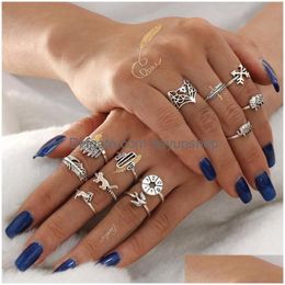 Cluster Ringen 13 Stk/set Vintage Tibetaanse Sier Set Voor Vrouwen Grote Knuckle Geometrisch Patroon Boho Statement Sieraden Cadeau Meisje Drop Delivery Dhmr9