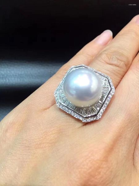 Cluster anneaux de 14-15 mm Big Pearl Ring Fine Bijoux Natural Natural Southsea 18K Gold Diamond authentique