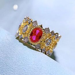 Clusterringen 14K Gold Crown Ruby Diamond Ring Real 925 Sterling Silver Party Wedding Band For Women Engagement Sieraden Gift