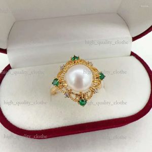 Bagues de cluster 14K Gold Gild Diamond Design Square Perle Bague Exquise Élégant Vert Zircon Naturel Bijoux Pour Femmes Cadeau 413