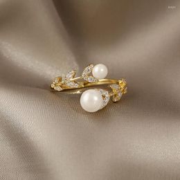 Cluster-Ringe 14 Karat echte Vergoldung koreanisches Design Modeschmuck Weizenohrblatt-Perlenring Elegante Damenöffnung verstellbar