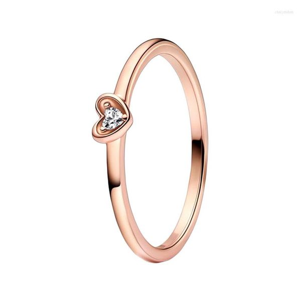 Anillos de racimo Joyas de oro rosa de 14 quilates Anillo de dedo de pila de corazón radiante para mujeres Pareja Alianzas de boda Ajuste de punta Claro CZ San Valentín