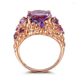 Cluster ringen 14K Rose Gold Natural Amethyst Ring Vrouw Bague Etoile Gemstone Anillos de Bizuteria Agate Diamante voor vrouwen