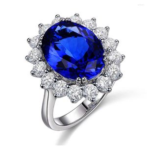 Cluster Anneaux 14k Or Blanc Couleur Saphir Cristal Pour Femmes Bleu Pierres Précieuses Bande De Mariage Zircon Diamant Bijoux Bijoux Cadeaux