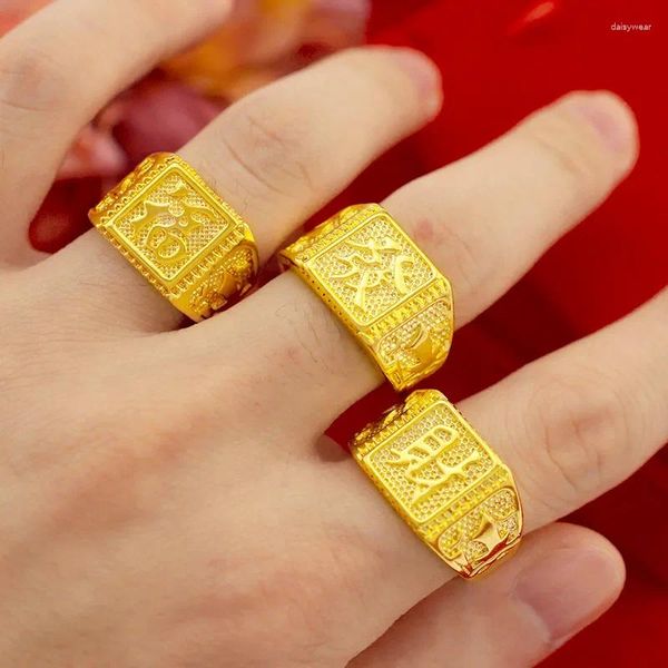 Bagues de cluster couleur or jaune 14 carats pour hommes redimensionnables caractères chinois chanceux bijoux fins vintage solide hommes