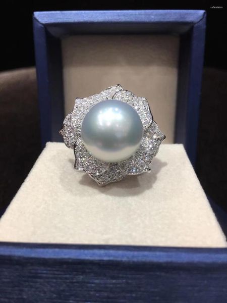 Anillos de racimo 14 mm Natural Southsea Pearl Ring 18k Oro blanco con flor de diamante Lindo Romántico Joyería de lujo Mujeres finas