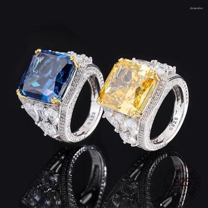 Bagues de cluster 14x14mm forme carrée bleu jaune couleur écrasée diamant à haute teneur en carbone 925 argent sterling grand anneau