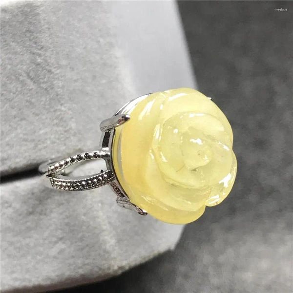 Bagues de cluster 15mm Top Fleur Naturelle Sculptée Jaune Ambre Bague Pour Femme Lady Homme Cristal Argent Perles Pierres Précieuses Bijoux Réglables