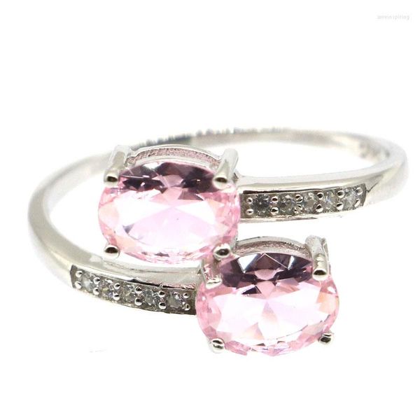 Anillos de racimo 15x12mm Jazaz Luxury 2.4g Creado Pink Kunzite Tourmaline Natural CZ Mujeres Boda Real 925 Plata esterlina sólida