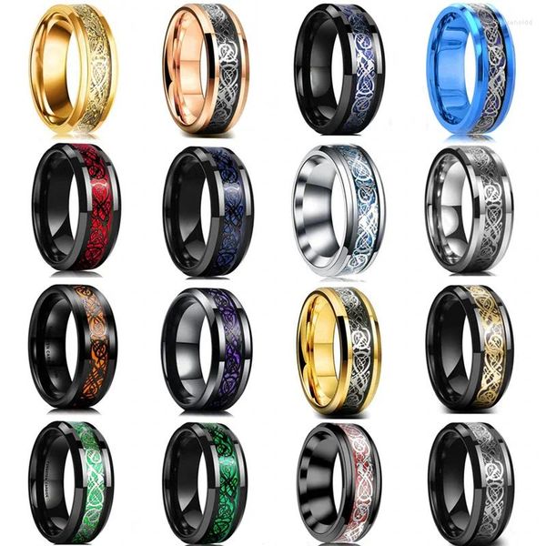 Anneaux de cluster 16 couleurs Mode 8mm Titane Dragon celtique pour hommes Incrustation colorée en fibre de carbone en acier inoxydable Bande de mariage