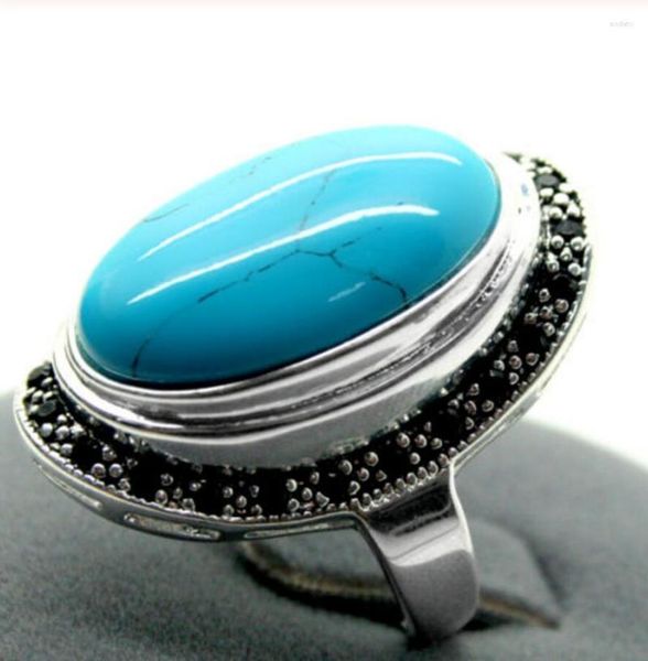 Bagues de Grappe 17X30mm Turquoises Bleues Gemmes Ovales Bague Marcassite en Argent Sterling 925