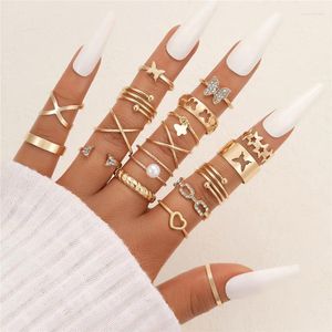 Anneaux de cluster 18 pcs / set couleur or vintage papillon perle bague ensemble pour femmes punk coeur zircon mode tendance bijoux féminins