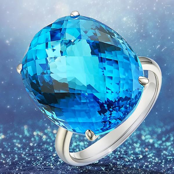 Bagues de cluster 18K Au750 Bague en or blanc Femmes Anniversaire de mariage Fête de fiançailles Bleu Ovale Topaz Élégant Romantique Tendance Mignon