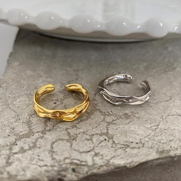 Anillos de racimo 18K oro auténtico 925 joyería de plata esterlina cóncavo-convexo textura Irregular anillo ajuste regalo C-J1468