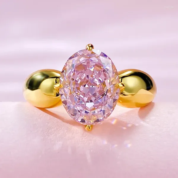 Anillos de racimo 18k chapado en oro 925 plata esterlina brillante corte triturado 4ct rosa ovalado citrino piedra preciosa anillo de bodas para mujeres joyería