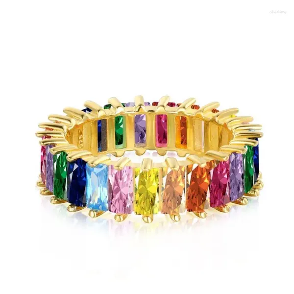 Anillos de racimo Chapado en oro de 18 quilates con talla esmeralda, arcoíris, piedras preciosas creadas en varios colores, eternidad, circonita cúbica colorida, banda apilable para mujeres