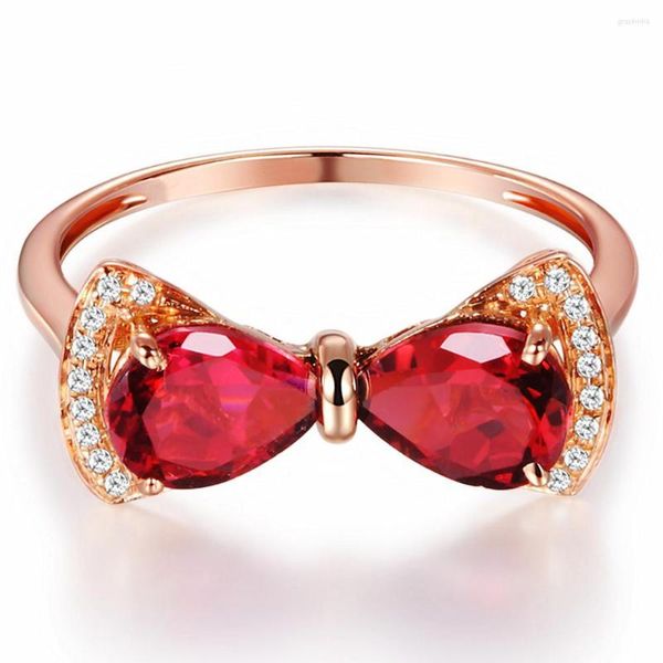 Bagues de Grappe Or Rose 18k Rempli Bowknot Anillos Mujer Cristal Rouge Rubis Pierres Précieuses Diamants Pour Femmes Chic Bijoux Accessoire À La Mode