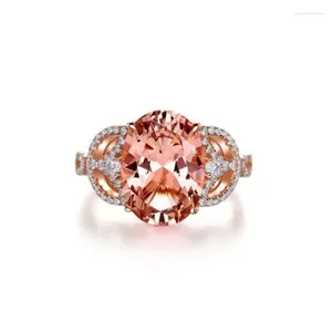 Cluster Anneaux 18K Rose Gold plaqué Morganite 10 mm Pink Gemstone Cumbic Zirconia Aura Single Stone Engagement Champagne Ring Fine Bijoux