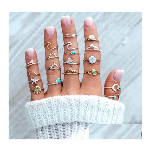 Cluster Rings 19 Pcs / Set Charm Gold Sier Finger Ring Set Vintage Boho Ocean Wave Turquoise Starfish Knuckle Party Punk Bijoux Cadeau Dhvhw