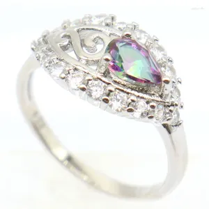 Anillos de clúster 19x11mm Charming hueco Fire Rainbow Mystic Topaz White Cz Women Daily Wear Silyly