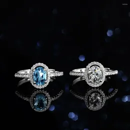 Clusterringen 1CT Mossanite Diamond Ring 925 Silver Pure Natural Blue Topaz voor Princess Party Wedding Bands Ovaal edelsteenontwerp